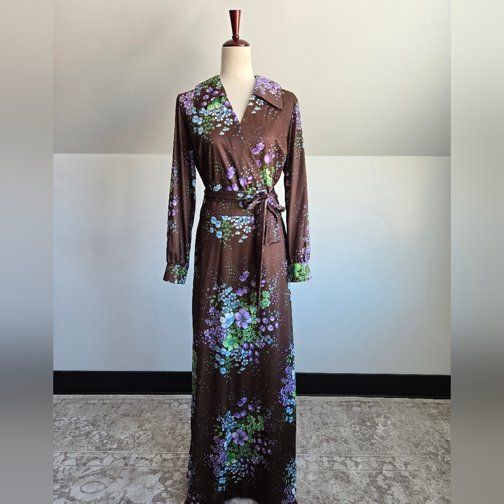 Royalty Dallas Vintage 70s Brown Floral Maxi Dress